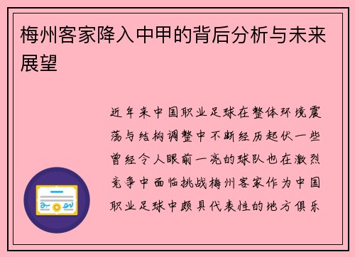 梅州客家降入中甲的背后分析与未来展望 梅州客家降入中甲的背后分析与未来展望